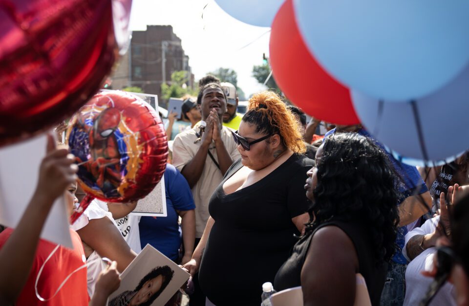 The mother, center, of 7-year-old Jai’Mani Amir Rivera, attends the...