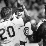 Dave Owen, center, whoops it up with Bob Dernier after Owen's pinch-hit, bases-loaded RBI single in the 11th inning that gave the Cubs a 12-11 victory over the Cardinals at Wrigley Field on June 23,1984. (Charles Cherney/Chicago Tribune)