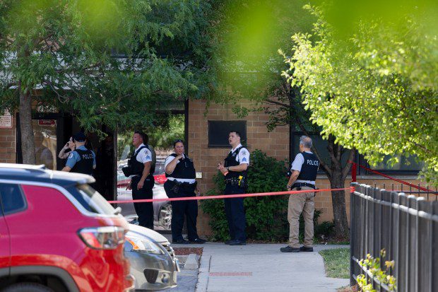 Chicago police work a crime scene on June 18, 2024, at the Oakley Square apartment complex in Chicago, where a 7-year-old boy was shot and killed. (Vincent Alban/Chicago Tribune)