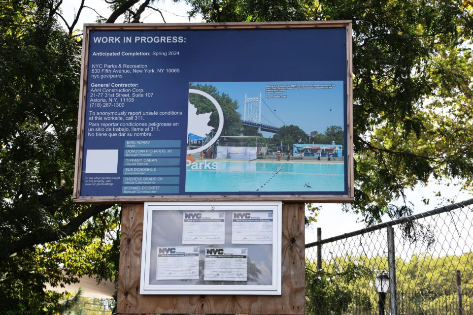 A construction sign at Astoria Pool.