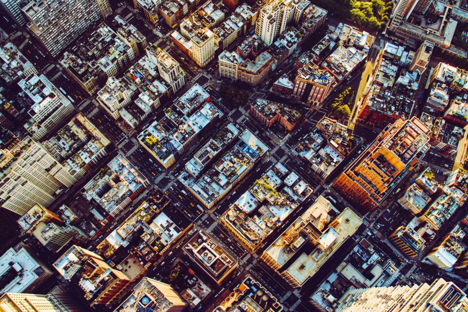 An aerial view of NYC buildings.