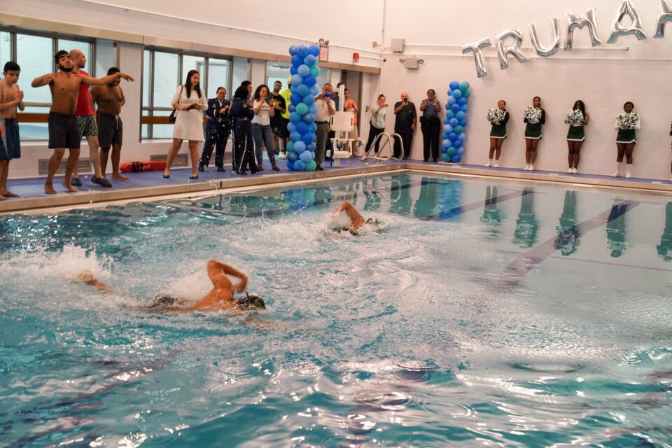 Swimmers hit the water at Harry S. Truman High School in the Bronx.