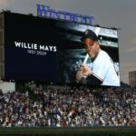 San Francisco Giants great Willie Mays is honored with a moment of silence during a game between the Chicago Cubs and the Giants at Wrigley Field in Chicago on June 18, 2024. (Chris Sweda/Chicago Tribune)