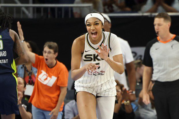 Chicago Sky forward Angel Reese (5) celebrates after stealing the ball and scoring during the game against the Dallas Wings at Wintrust Arena on June 20, 2024. (Eileen T. Meslar/Chicago Tribune)