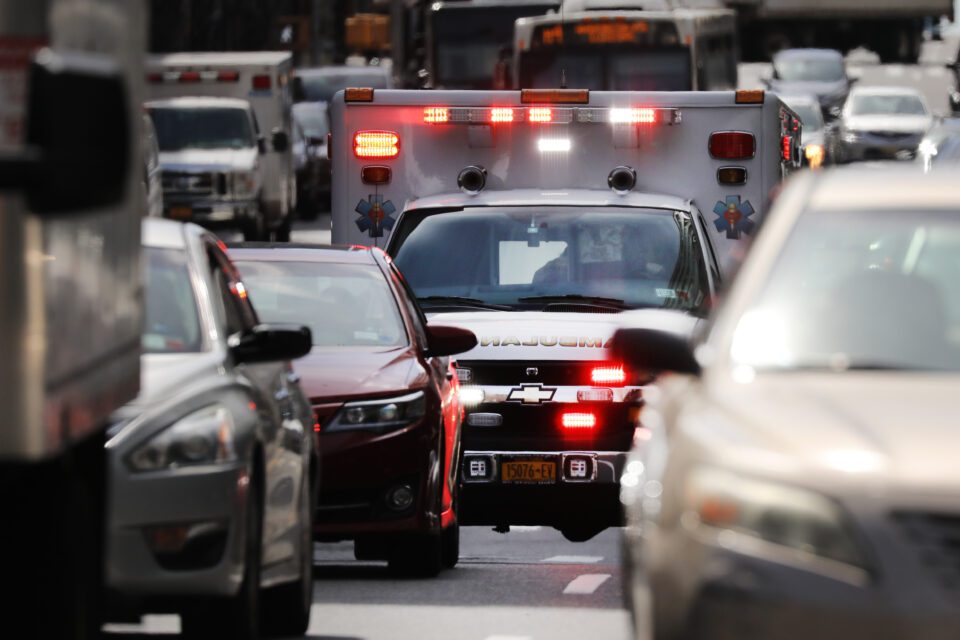 An ambulance in New York City traffic in 2020.