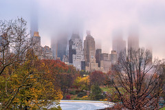 A foggy morning in Central Park near the Wollman Rink ice skating rink with a view of barely visible skyscrapers