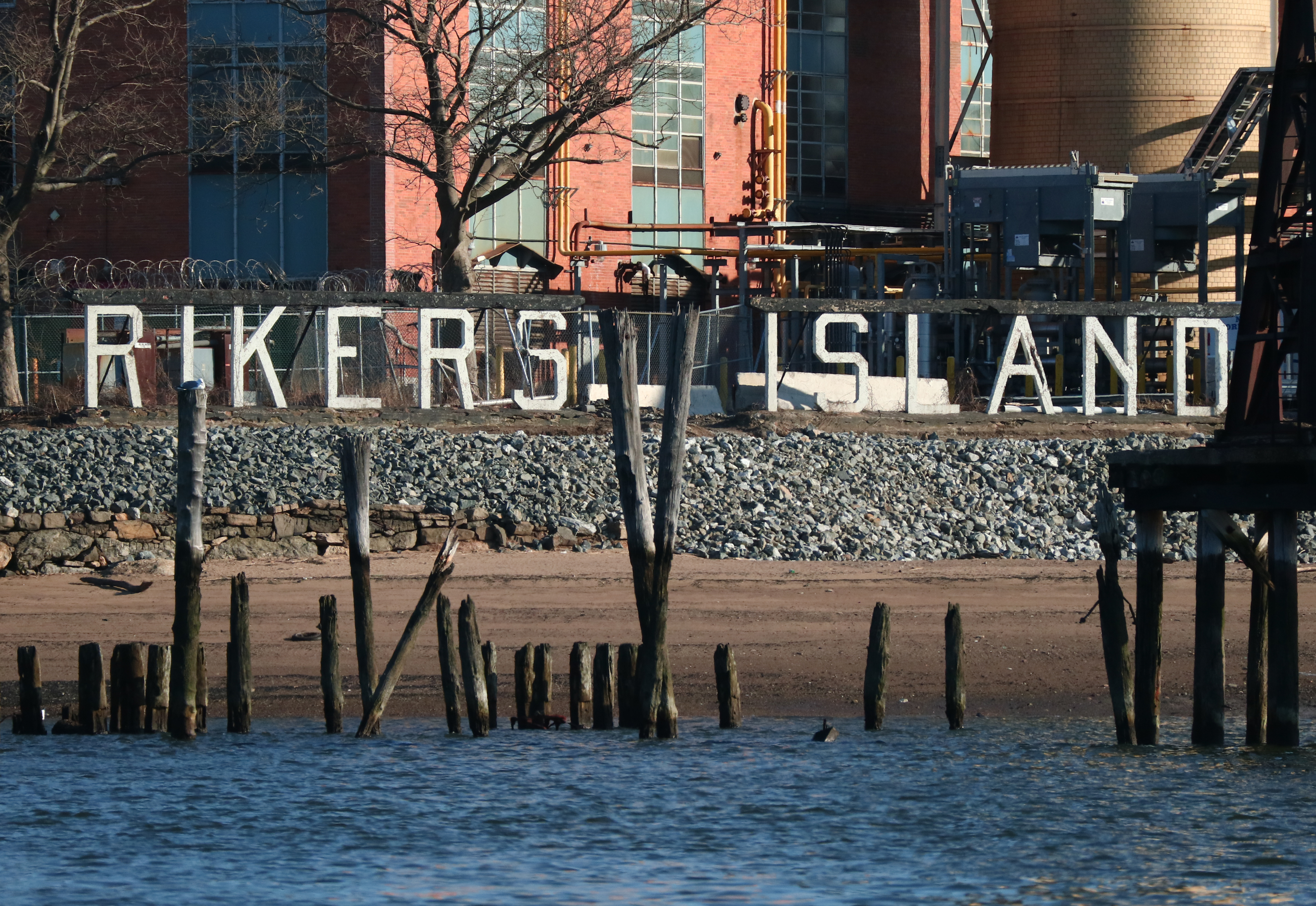 Rikers Correctional Center in New York City: A sign marks the location of the Rikers Correctional Center in the East River on March 9, 2021 in New York City.