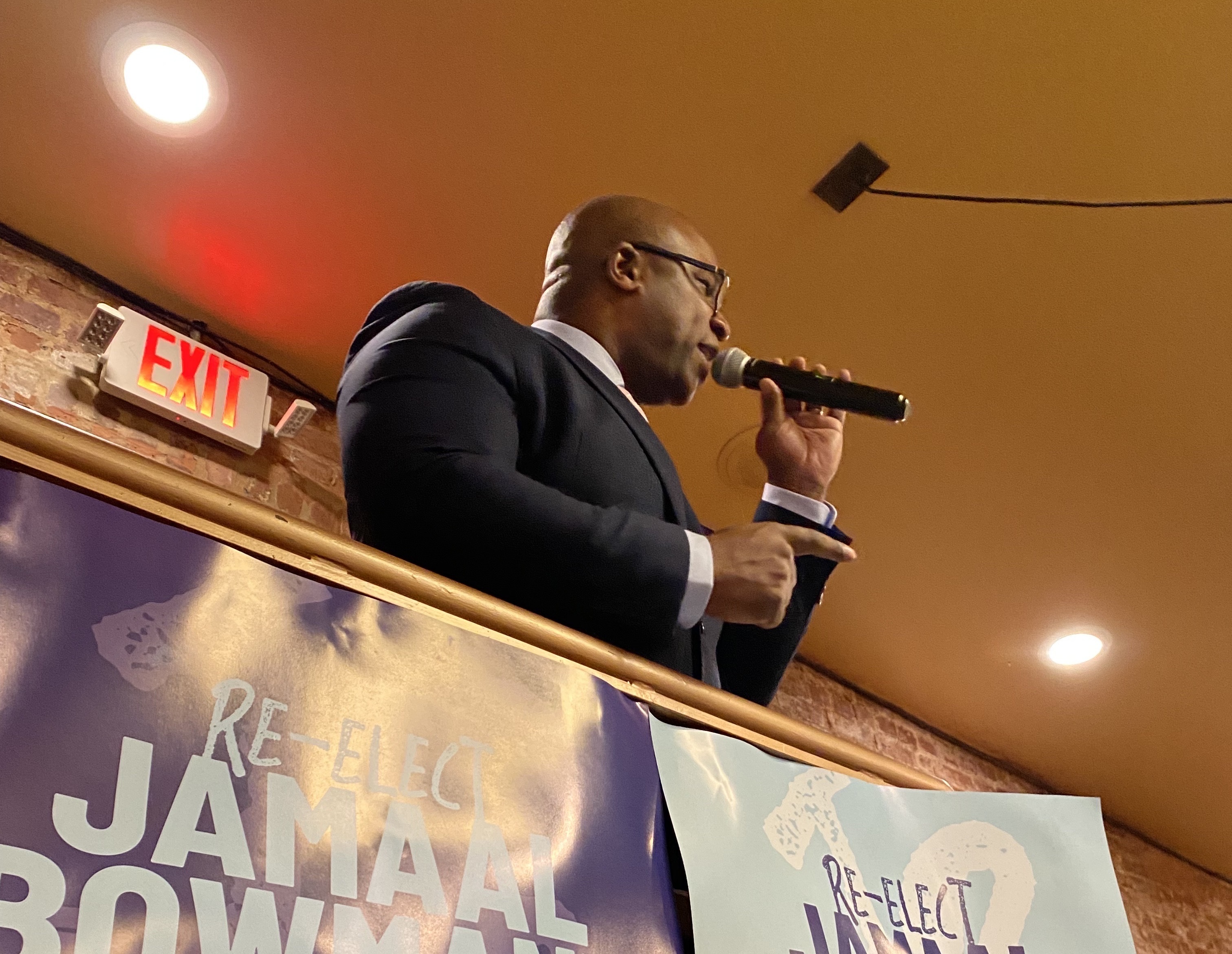 New York Congressman Jamaal Bowman speaks at a reelection event.