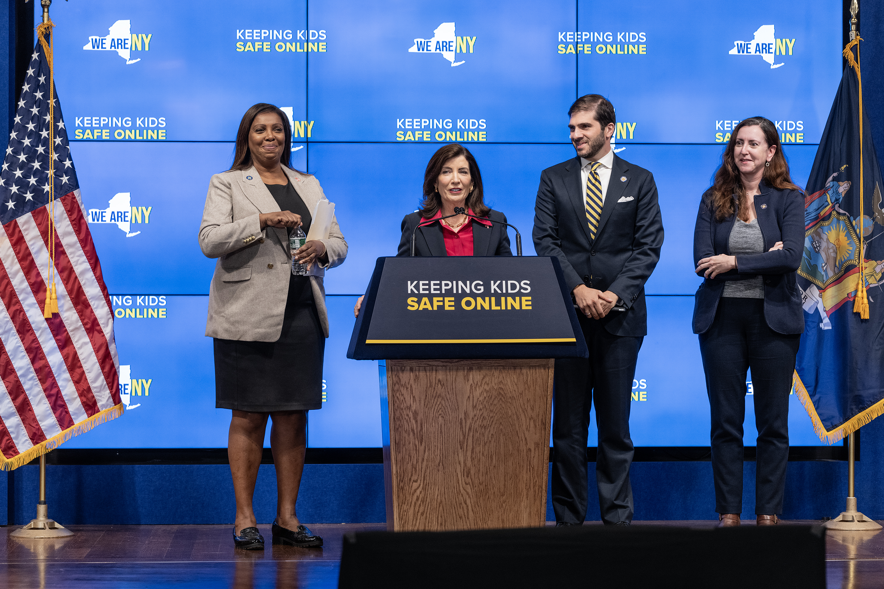 Gov. Kathy Hochul, Attorney General Letitia James, State Sen. Andrew Gounardes and Assemblywoman Nily Rozic make an announcement about social media use among children.