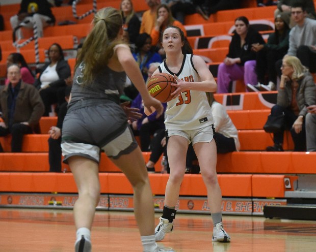 Shepard's Emma Greene (33) sets up to put up a shot against Evergreen Park during a South Suburban Conference game Thursday, February 8, 2024 in Palos Heights, IL. (Steve Johnston/Daily Southtown)