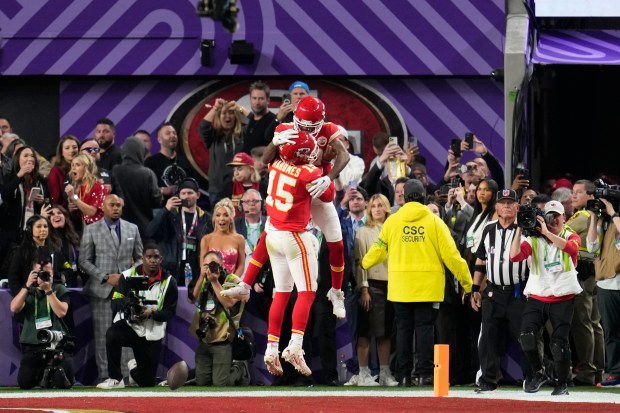 Kansas City Chiefs wide receiver Mecole Hardman Jr. celebrates his game-winning touchdown with quarterback Patrick Mahomes in overtime during the NFL Super Bowl 58 football game against the San Francisco 49ers, Feb. 11, 2024, in Las Vegas. The Chiefs won 25-22. (Abbie Parr/AP)