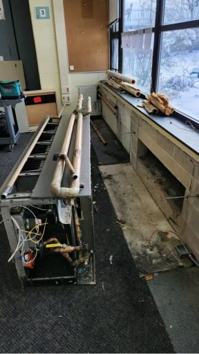 Severe winter weather left Grayslake Middle School with numerous damages, expected to take an additional 12 weeks to complete. The above image shows damages in one of the middle school classrooms.- Original Credit: CCSD 46