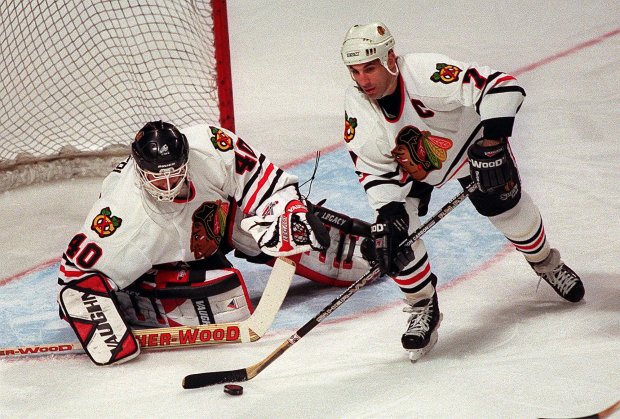 Defenseman Chris Chelios helps goalie Chris Terreri clear a puck from the Blackhawks zone against the Devils on April 16, 1998, at the United Center. (Wes Pope/Chicago Tribune)
