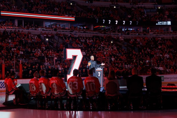 Chris Chelios attends a ceremony to retire his No. 7 jersey before the Blackhawks play the Detroit Red Wings at the United Center Sunday Feb. 25, 2024 in Chicago. The Chicago native played for the Blackhawks for nine of his 26 NHL seasons. (Armando L. Sanchez/Chicago Tribune)