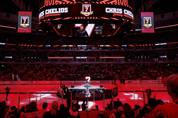 Chris Chelios attends a ceremony to retire his No. 7 jersey before the Blackhawks play the Detroit Red Wings at the United Center Sunday Feb. 25, 2024 in Chicago. The Chicago native played for the Blackhawks for nine of his 26 NHL seasons. (Armando L. Sanchez/Chicago Tribune)