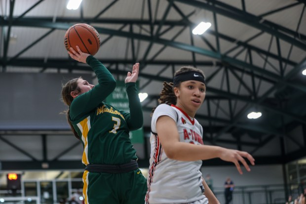 Waubonsie Valley's Maya Cobb (3) shoots a layup during the Class 4A Illinois Wesleyan Supersectional against Alton in Bloomington on Monday, Feb. 26 2024. (Troy Stolt for the Aurora Beacon News)