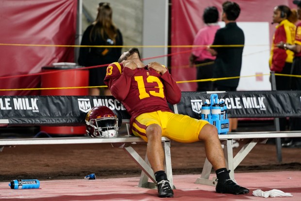 Southern California quarterback Caleb Williams reacts after the team's loss to Utah in an NCAA college football game, Saturday, Oct. 21, 2023, in Los Angeles. (AP Photo/Ryan Sun)