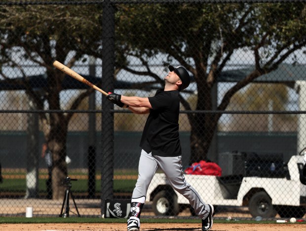 Chicago White Sox outfielder Andrew Benintendi gets in some batting practice at Camelback Ranch on Wednesday, Feb. 21, 2024, in Glendale, Arizona. (Stacey Wescott/Chicago Tribune)