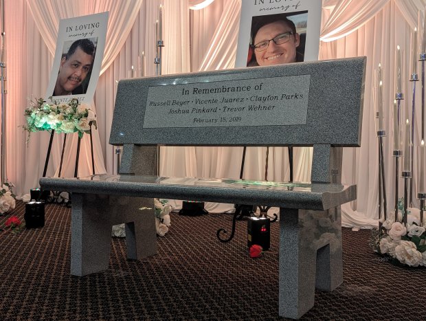 A granite bench, inscribed with the names of the victims of the 2019 mass shooting at Henry Pratt Co. in Aurora, will soon be placed at the Aurora Police Department headquarters.