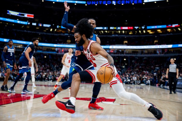 Bulls guard Coby White drives to the basket against the Timberwolves on Feb. 6, 2024, at the United Center.