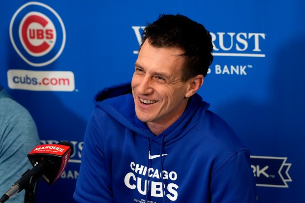 Cubs manager Craig Counsell speaks during news conference before a spring training workout Wednesday in Mesa, Ariz.