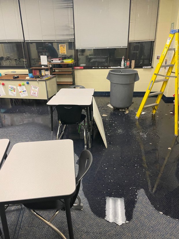 Severe winter weather left Grayslake Middle School with numerous damages, expected to take an additional 12 weeks to complete. The above image shows flooding in one of the middle school's classrooms.- Original Credit: CCSD 46