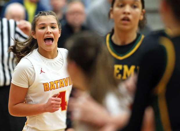 Batavia's Addi Lowe (4) reacts to a three point basket in the third quarter against Fremd, during the Class 4A Bartlett Supersectional on Monday, Feb. 26, 2024 in Bartlett. Batavia fell 65-46. H. Rick Bamman / For the Beacon-News
