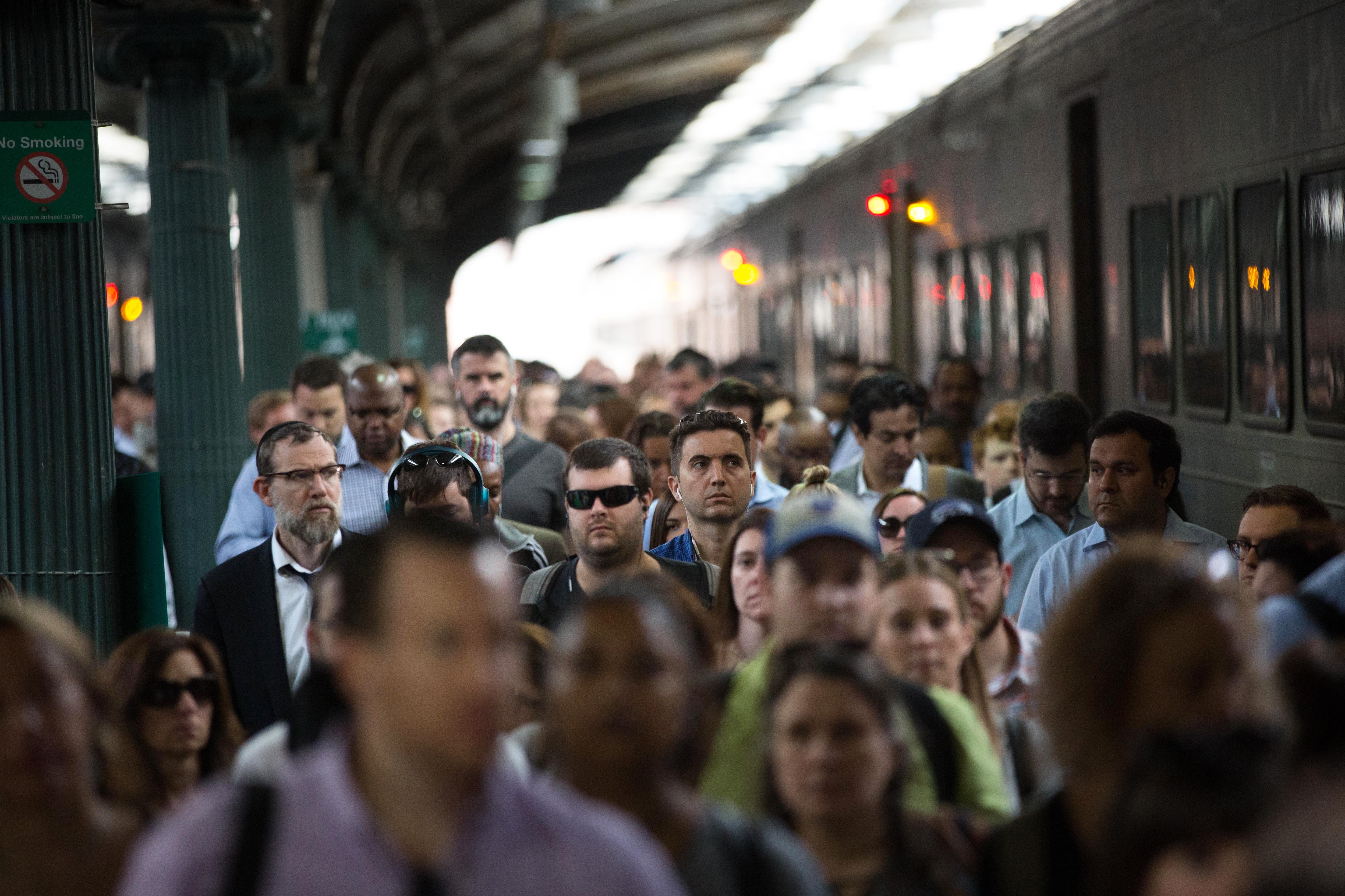 Crowded NJ Transit commuters on a platform in Hoboken in 2017.