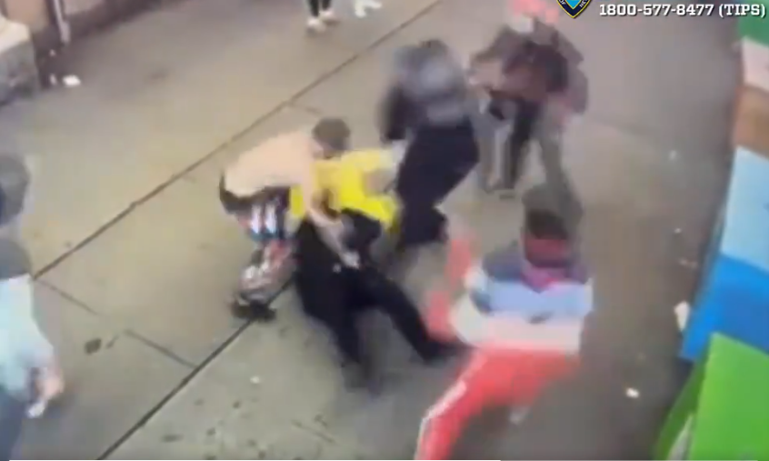 Video posted by the NYPD shows surveillance video of people hitting and kicking the officers.