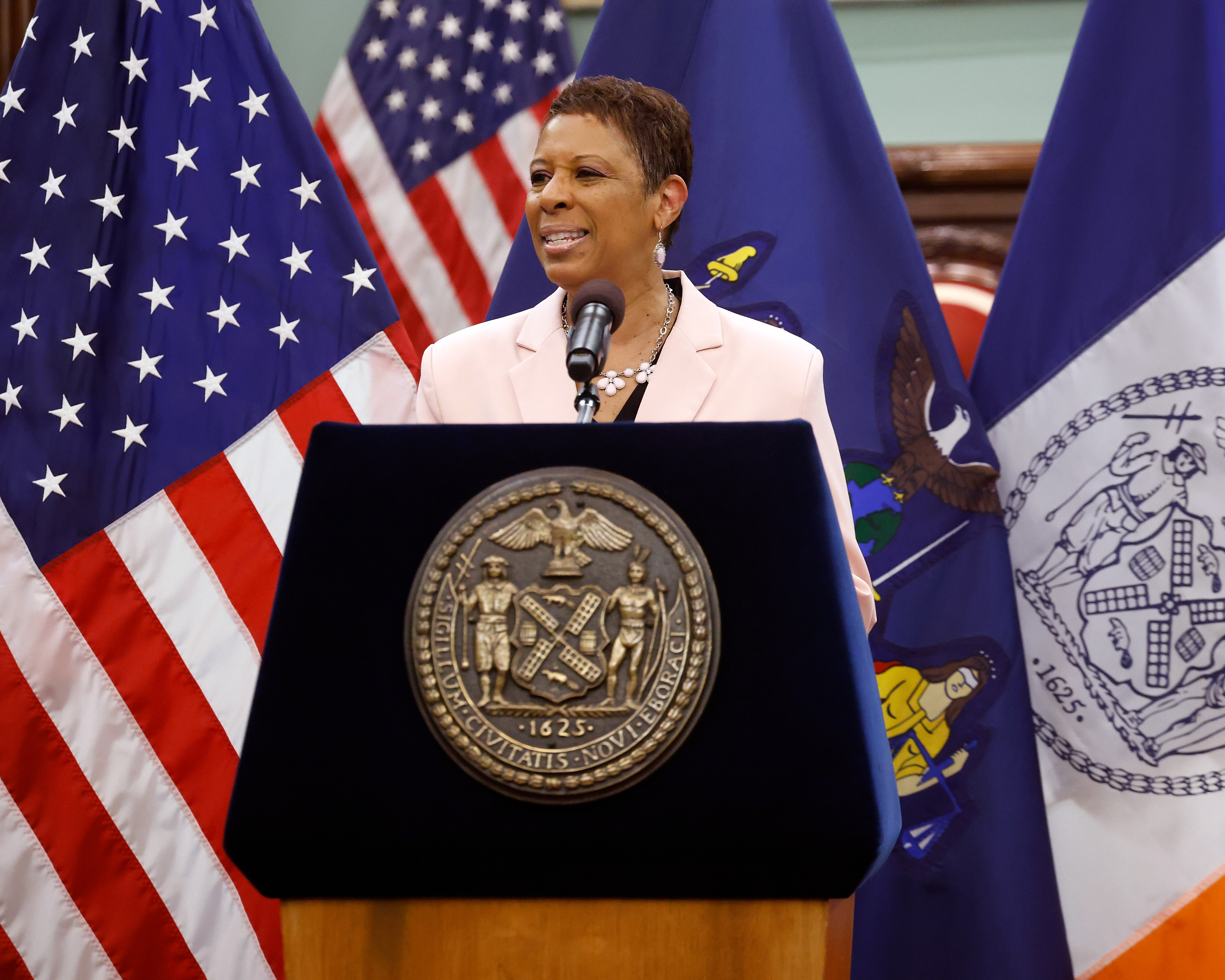 New York City Council Speaker Adrienne Adams delivers an address at the 2023 Power and Music Awards at City Hall on June 14, 2023.