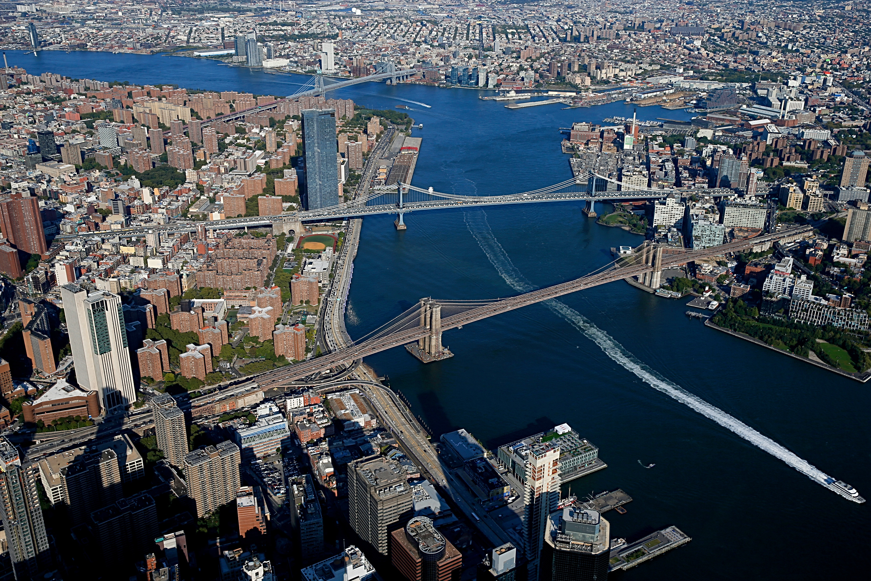 An aerial view of New York City's East River and Harbor.