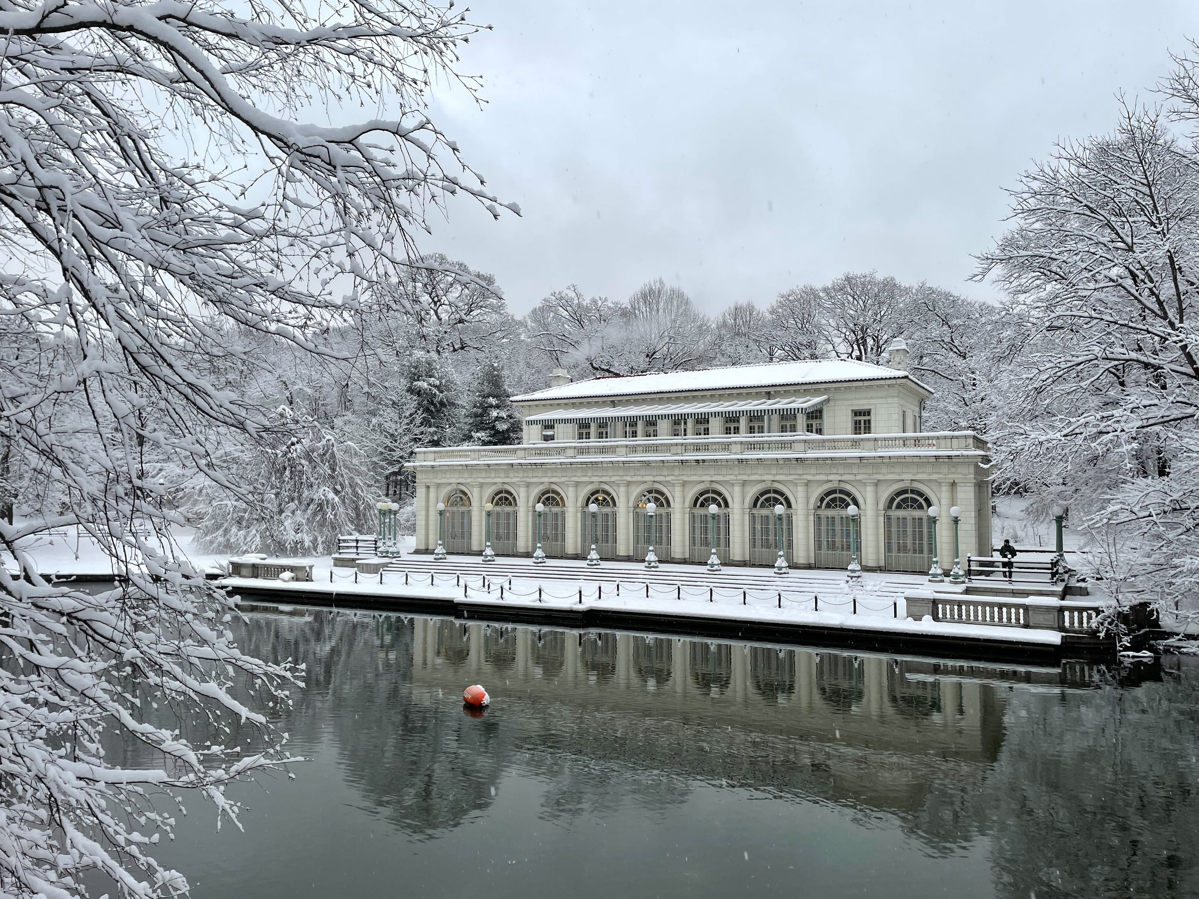 The Prospect Park Boathouse covered in snow.