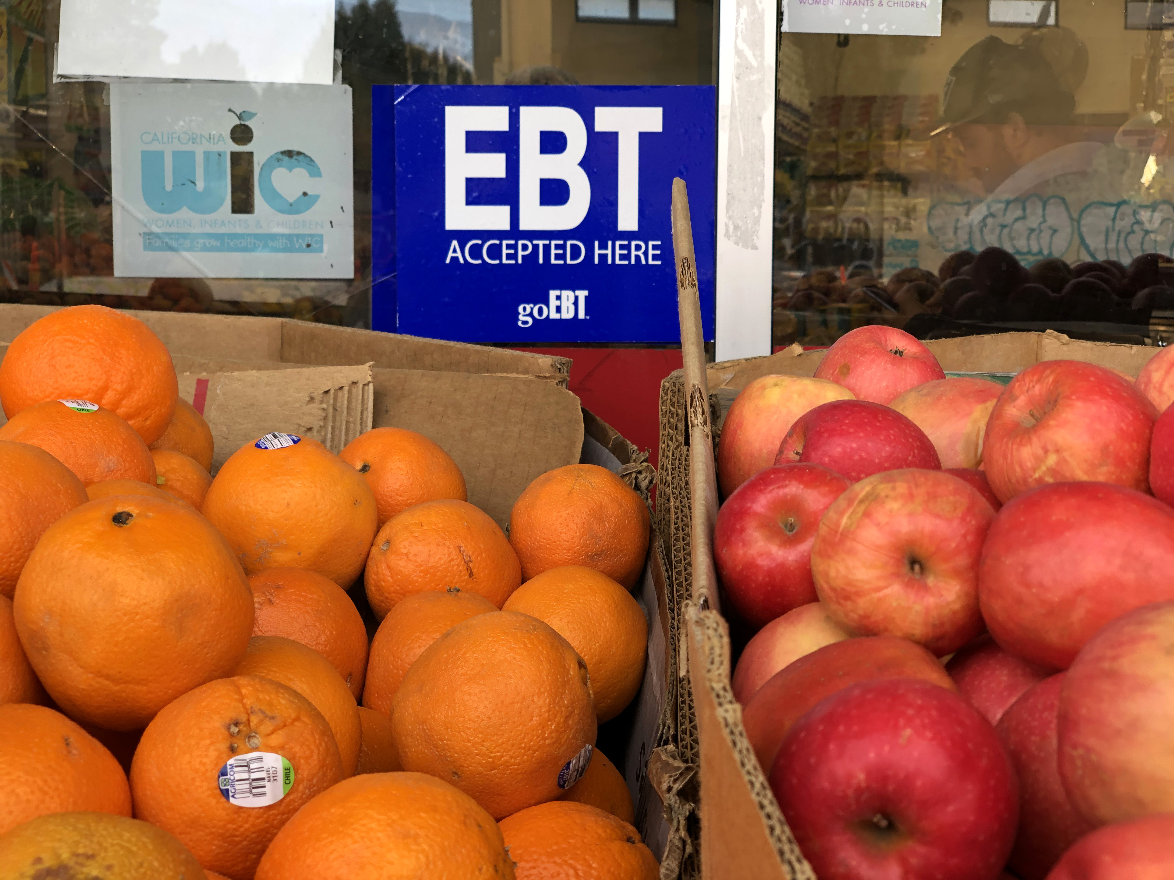 A sign noting the acceptance of electronic benefit transfer (EBT) cards that are used to issue benefits