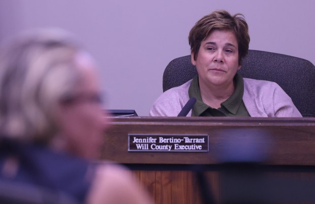 Will County Board Executive, Jennifer Bertino-Tarrant during a Will County Board meeting 2023. (Antonio Perez/ Chicago Tribune)