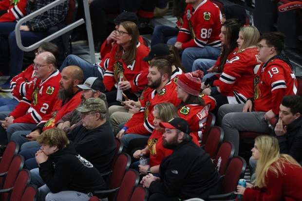 Unenthused Blackhawks fans watch the final minute of the game against the Avalanche on Feb. 29, 2024, at the United Center.(John J. Kim/Chicago Tribune)