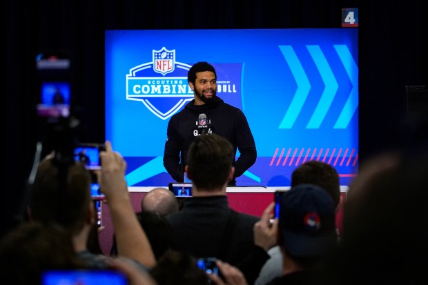 USC quarterback Caleb Williams speaks during a news conference at the NFL scouting combine on March 1, 2024, in Indianapolis. (Michael Conroy/AP)