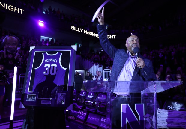 Former Northwestern player Billy McKinney speaks during a halftime ceremony to retire his No. 30 at Welsh-Ryan Arena in Evanston on March 2, 2024. Iowa went on to beat Northwestern 87-80. (Chris Sweda/Chicago Tribune)