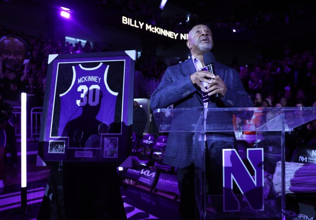 Former Northwestern player Billy McKinney speaks during a halftime ceremony to retire his No. 30 at Welsh-Ryan Arena in Evanston on March 2, 2024. (Chris Sweda/Chicago Tribune)
