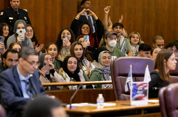 Supporters of the Israel-Hamas War cease-fire resolution demonstrate during a City Council meeting on Jan. 31, 2024, at City Hall. (Brian Cassella/Chicago Tribune)