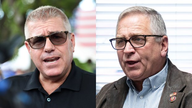 Former state Sen. Darren Bailey, left, is challenging U.S. Rep. Mike Bost. in the state's 12th Congressional District. (Trent Sprague and E. Jason Wambsgans / Chicago Tribune)