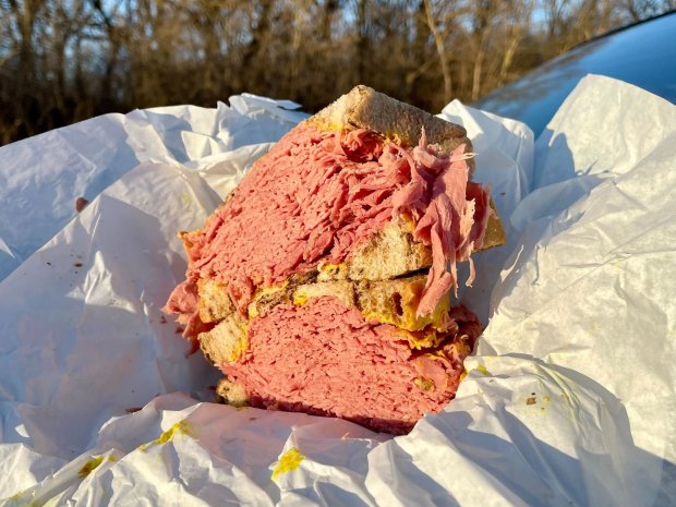 One Pounder Corned Beef sandwich with mustard on rye bread at D.A.'s Corned Beef Stand in Oak Forest southwest of Chicago on February 18, 2024. (Louisa Chu / Chicago Tribune)