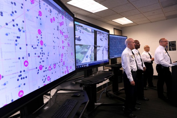 Chicago police leaders talk about ShotSpotter technology on May 30, 2017, at the station at 31st Street and Halsted Avenue. (Nancy Stone/ Chicago Tribune)