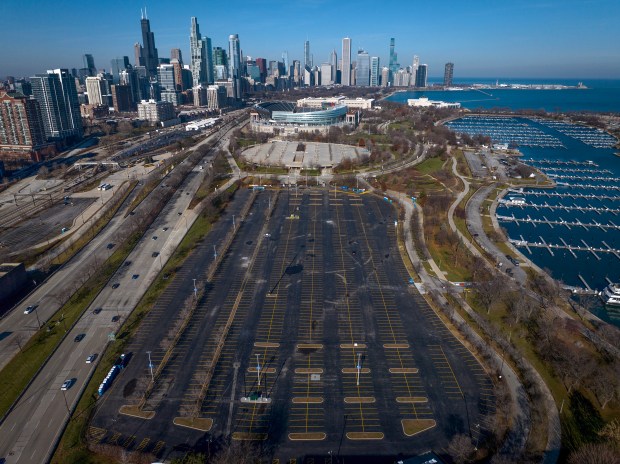 Soldier Field and the south parking areas, shown Dec. 5, 2023, are possible sites for a new Bears stadium. (E. Jason Wambsgans/Chicago Tribune)