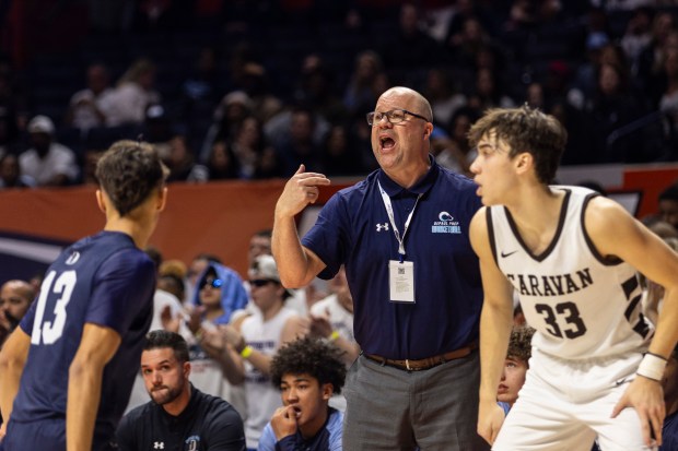 DePaul Prep's varsity basketball head coach Tom Kleinschmidt calls out to his players during the Class 3A state championship game against Mount Carmel at State Farm Center in Champaign on Saturday, March 9, 2024. (Vincent D. Johnson/for the Daily Southtown)