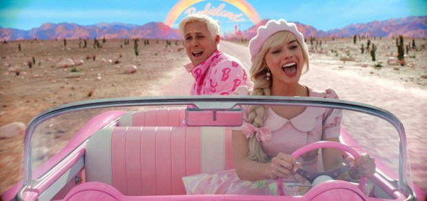 Ryan Gosling, left, as Ken and Margot Robbie as Barbie in the new "Barbie" movie.