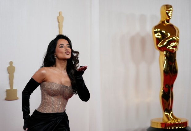 Becky G arrives at the Oscars on Sunday, March 10, 2024, at the Dolby Theatre in Los Angeles. (AP Photo/Ashley Landis)