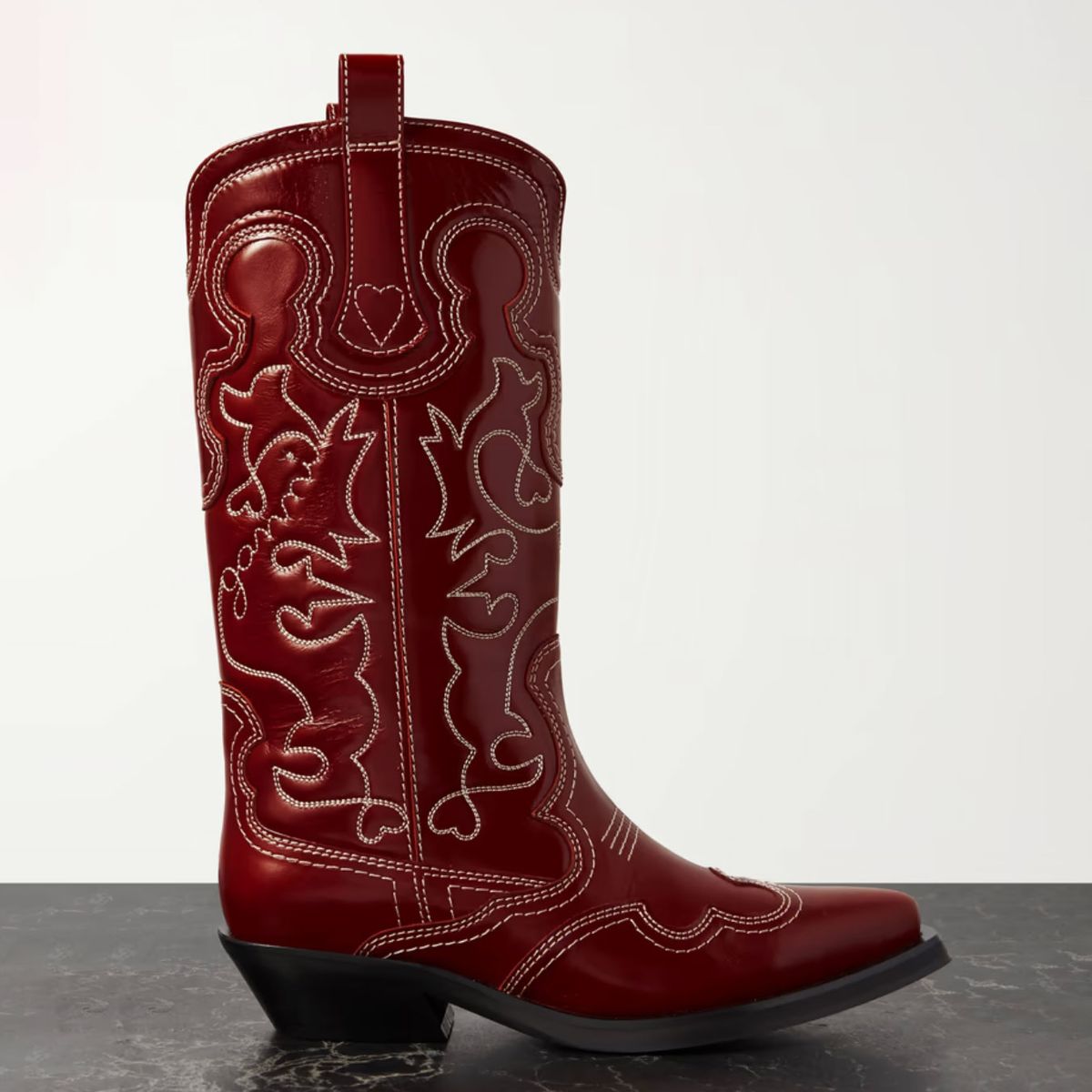 Ganni Embroidered Leather Cowboy Boots