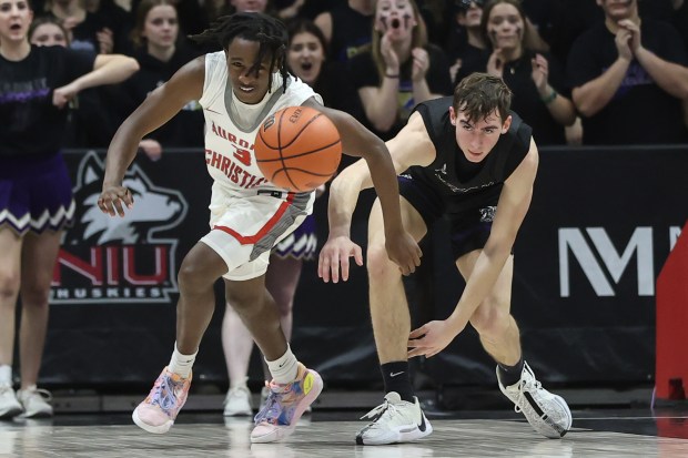 Aurora Christian's Marshawn Cocroft (3) goes after a loose ball during the Class 1A NIU Supersectional game against Pecatonica at NIU Convocation Center in DeKalb on Monday, March 4, 2024. (Troy Stolt/for the Aurora Beacon News)