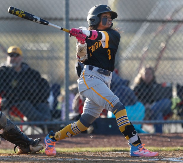 Amira Hondras (3), takes a swing at a Marian Catholic pitch. Hondras plays second base on the Thornwood boys varsity team on Friday, March 15, 2024. (John Smierciak/for the Daily Southtown)
