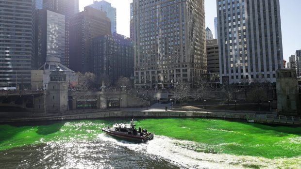 The Chicago River is dyed green by the The Chicago Plumbers Union, Chicago Journeymen Plumbers Local 130, to celebrate St. Patrick's Day, on March 16, 2024 in downtown Chicago. (Vincent Alban/Chicago Tribune)